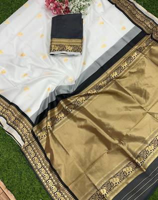 White woven kanjivaram cotton silk saree with blouse piece 4