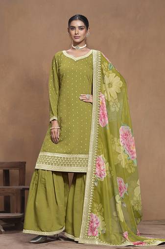 Light olive embroidered silk Blend designer salwar kameez