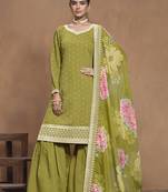 Light olive embroidered silk Blend designer salwar kameez