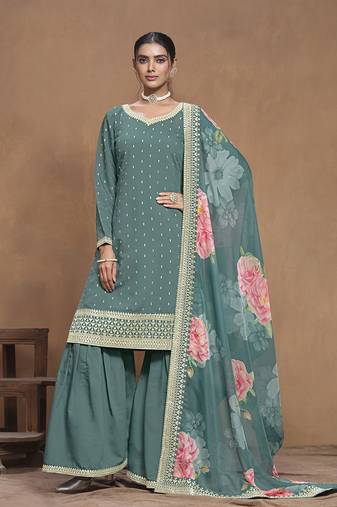 Silk Blend sea green embroidered salwar kameez