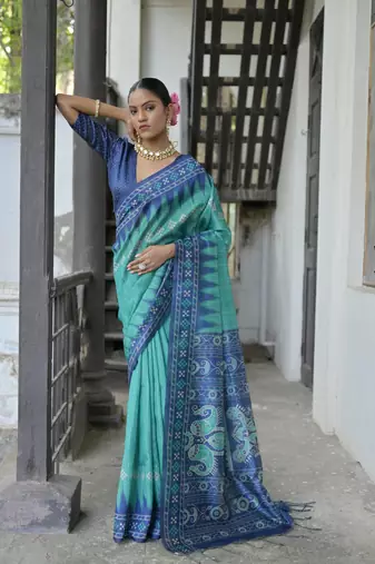 Rama Tussar Silk Printed Saree Festive Wear