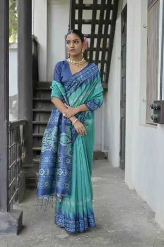 Rama Tussar silk blend Printed Saree Festive Wear