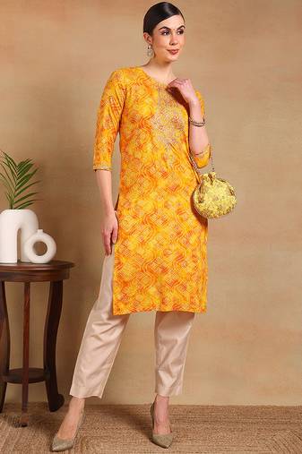 Women yellow printed viscose rayon kurta