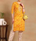 Women yellow printed viscose rayon kurta