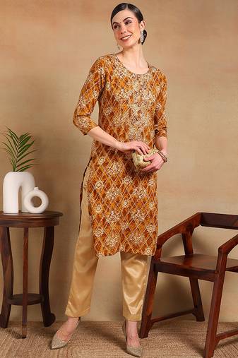 Women orange printed viscose rayon kurta