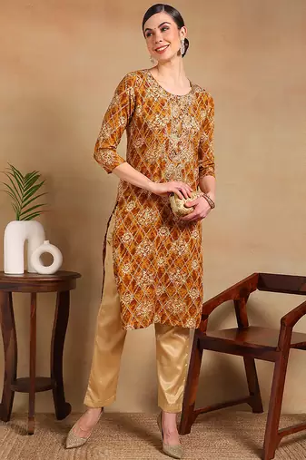 Women orange printed viscose rayon kurta