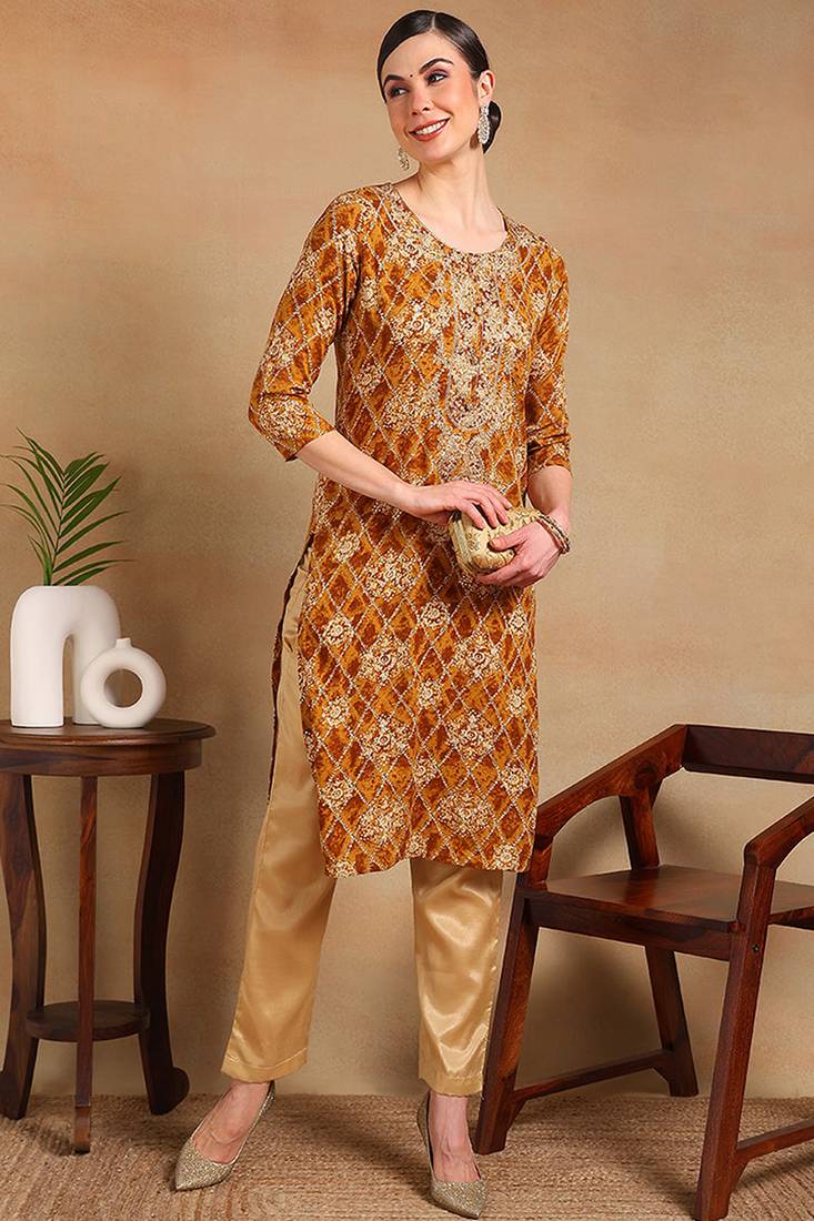 Women orange printed viscose rayon kurta