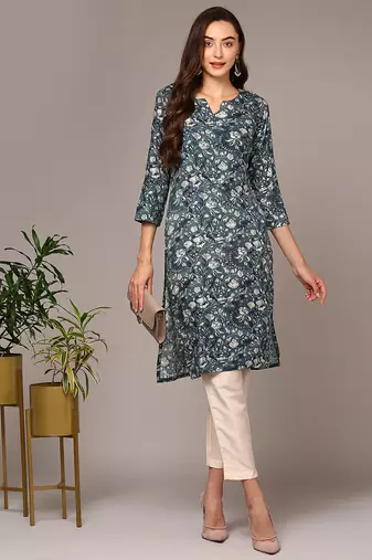 Women blue printed viscose rayon kurta
