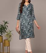 Women blue printed viscose rayon kurta