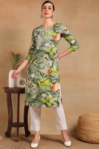Women green printed cotton kurti