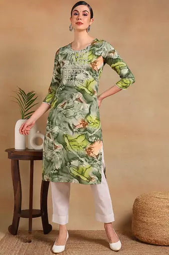 Women green printed cotton kurti