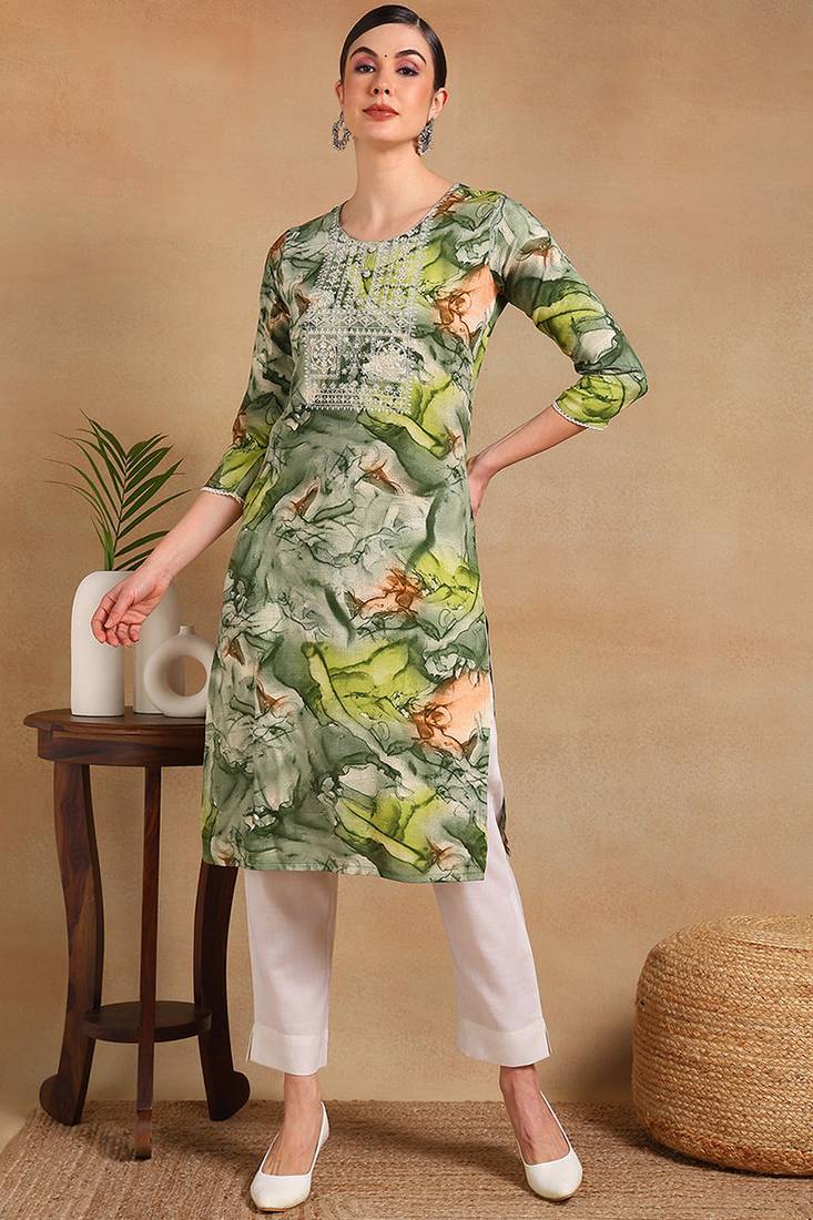 Women green printed cotton kurti