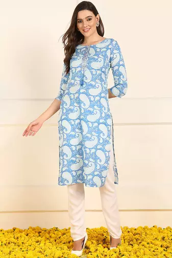 Women blue printed cotton kurti