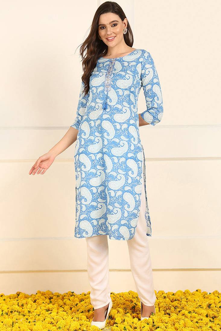 Women blue printed cotton kurti