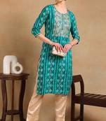 Women blue printed viscose rayon kurta