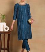 Women navy blue embroidered silk kurta