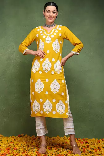 Women yellow embroidered viscose rayon kurta