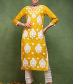 Women yellow embroidered viscose rayon kurta
