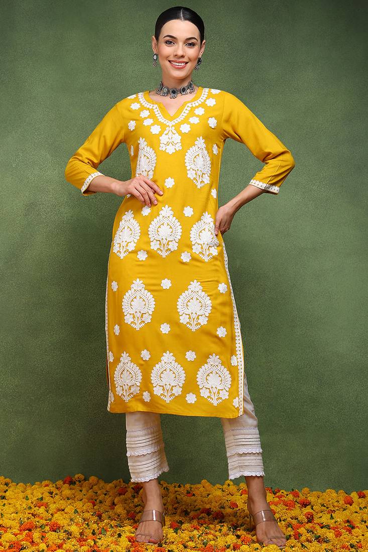 Women yellow embroidered viscose rayon kurta