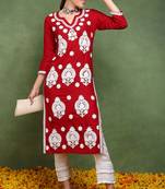 Women maroon embroidered viscose rayon kurta