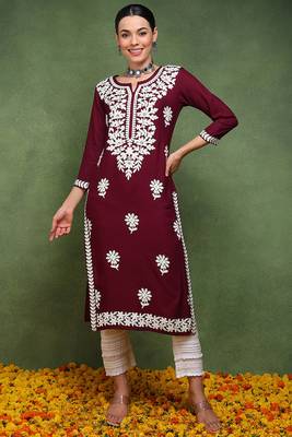 Women purple embroidered viscose rayon kurta 2