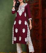 Women purple embroidered viscose rayon chikankari kurtis