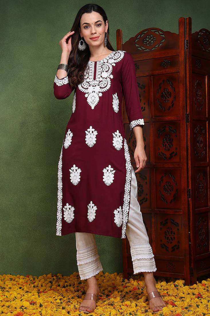 Women purple embroidered viscose rayon chikankari kurtis