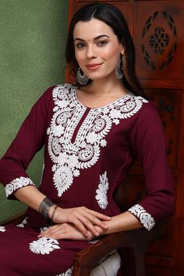 Women purple embroidered viscose rayon chikankari kurtis 2