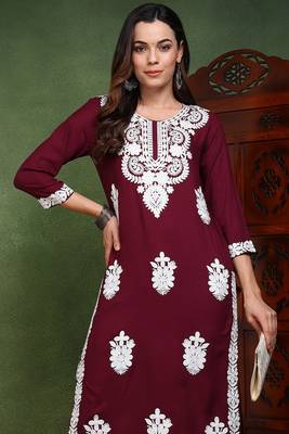 Women purple embroidered viscose rayon chikankari kurtis 3