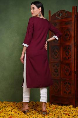 Women purple embroidered viscose rayon chikankari kurtis 4