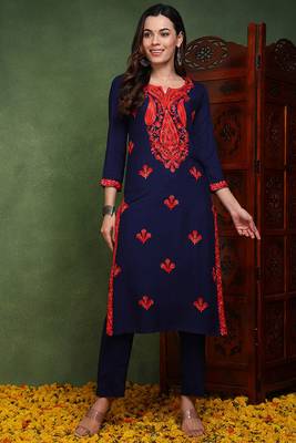 Women blue embroidered viscose rayon chikankari kurtis 1