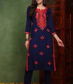 Women blue embroidered viscose rayon chikankari kurtis