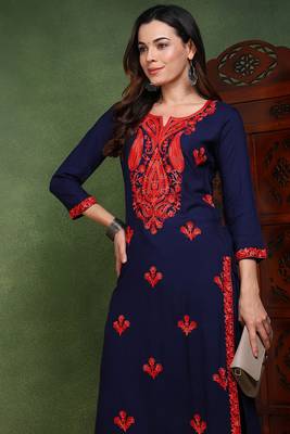 Women blue embroidered viscose rayon chikankari kurtis 3
