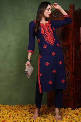 Women blue embroidered viscose rayon chikankari kurtis 4