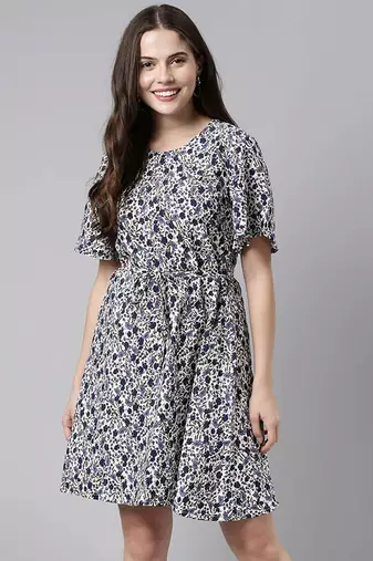 Women off white printed polyester short kurta