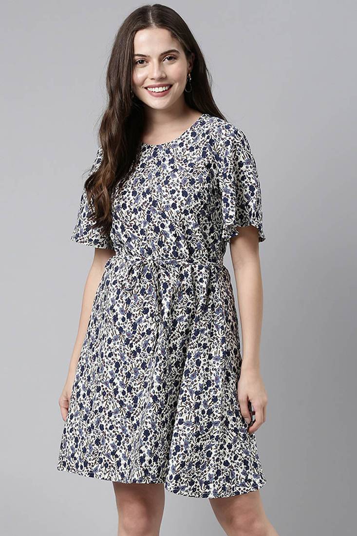 Women off white printed polyester short kurta