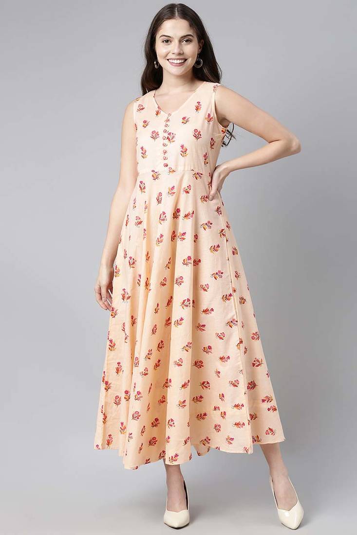 Women peach printed cotton kurti