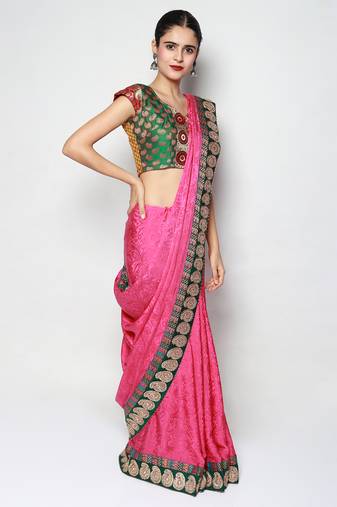 Pink Crepe Jacquard Embroidered Festive Wear Saree with Blouse piece