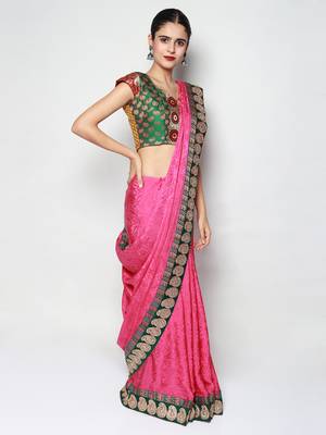 Pink Crepe Jacquard Embroidered Festive Wear Saree with Blouse piece 1