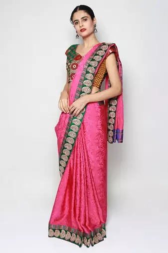 Pink Crepe Jacquard Embroidered Festive Wear Saree with Blouse piece