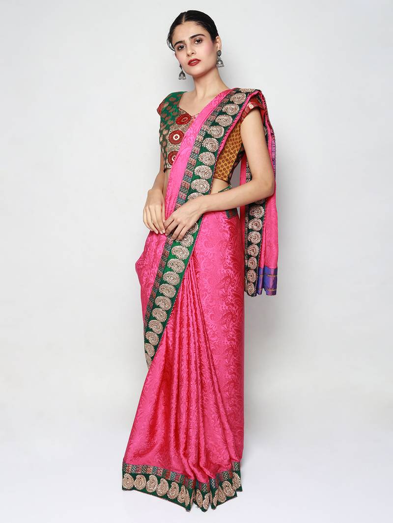 Pink Crepe Jacquard Embroidered Festive Wear Saree with Blouse piece