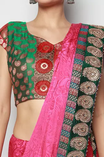 Pink Crepe Jacquard Embroidered Festive Wear Saree with Blouse piece