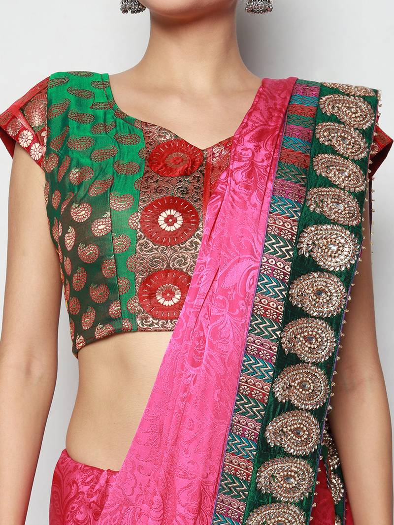 Pink Crepe Jacquard Embroidered Festive Wear Saree with Blouse piece