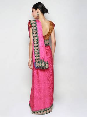 Pink Crepe Jacquard Embroidered Festive Wear Saree with Blouse piece 4