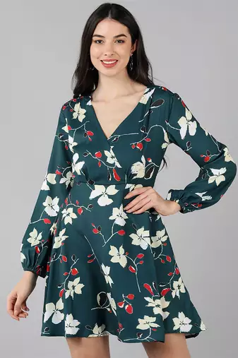 Women green printed polyester short kurta