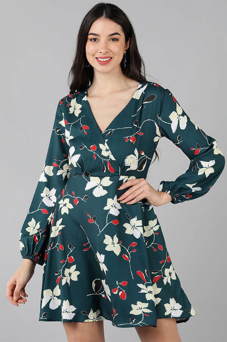 Women green printed polyester short kurta