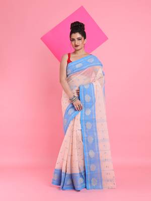 Cream Pure Cotton Tant Saree With Woven Designs Without Blouse 1