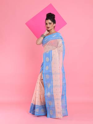 Cream Pure Cotton Tant Saree With Woven Designs Without Blouse 2