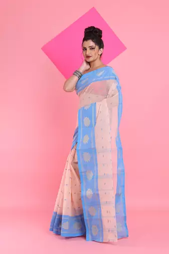 Cream Pure Cotton Tant Saree With Woven Designs Without Blouse