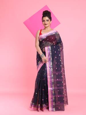 Navy Blue Pure Cotton Tant Saree With Woven Designs Without Blouse 1